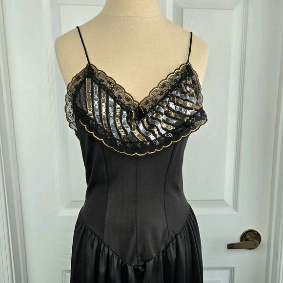 Private Matters Black Vtg 70s Lingerie Nightgown Slip Dress Size M Metalic - Picture 3 of 10